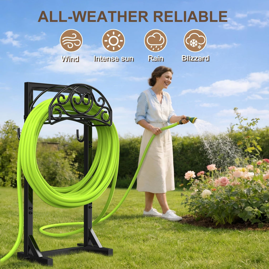 Freestanding Garden Hose Stand, Heavy Duty Water Hose Holder with Tool Hooks, 4 Anchoring Spikes, 150 ft Storage for