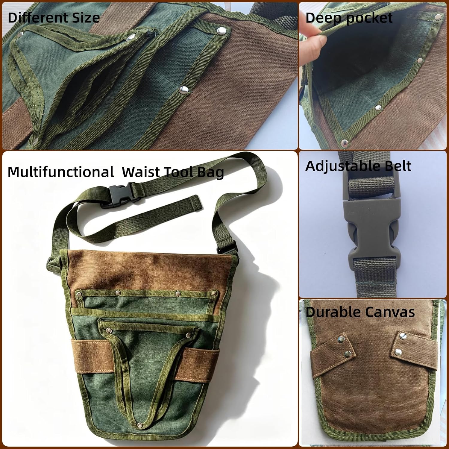 Gardening Tool Pouch for Waist, Hands-Free Canvas Tool Belt with 6 Pockets – Adjustable Waist Apron for Gardening Tools