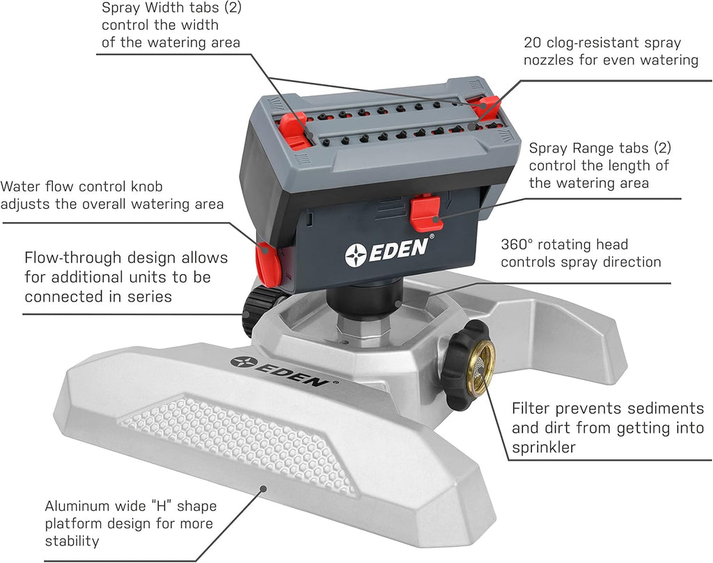 Eden 94127 Metal Adjustable 4-Way Mini Turbo Oscillating Sprinkler W/Quick Connect Starter Set, 20 Nozzle, Covers up to