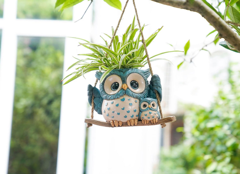 Swing Owl Hanging Planters for Indoor Plants, Cute Small Succulent Pots with Drainage Hole, Unique Resin Plant Hangers