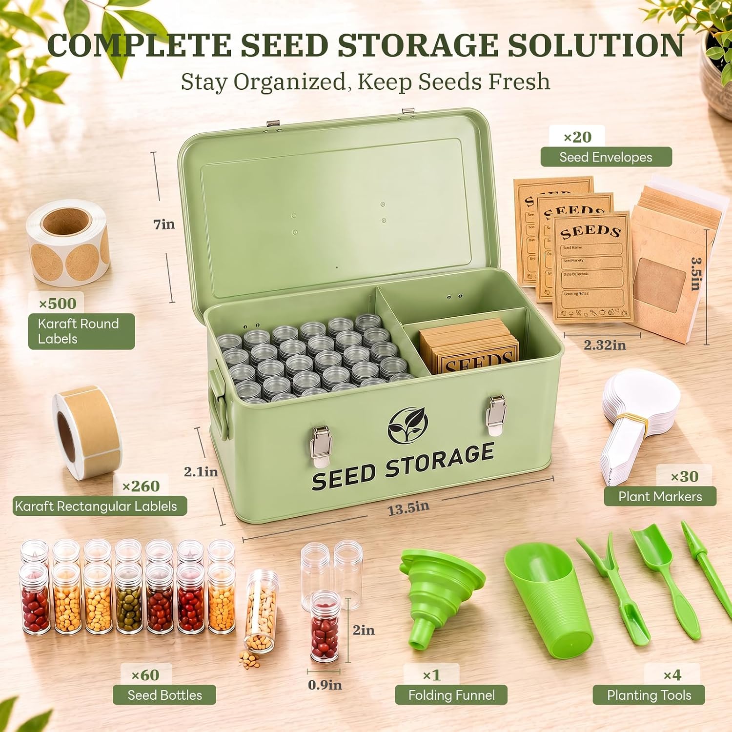 60 Slots Metal Seed Organizer with 3 Compartment Lid & Safety Locks | Seed Storage with 20 Windowed Seed Envelopes