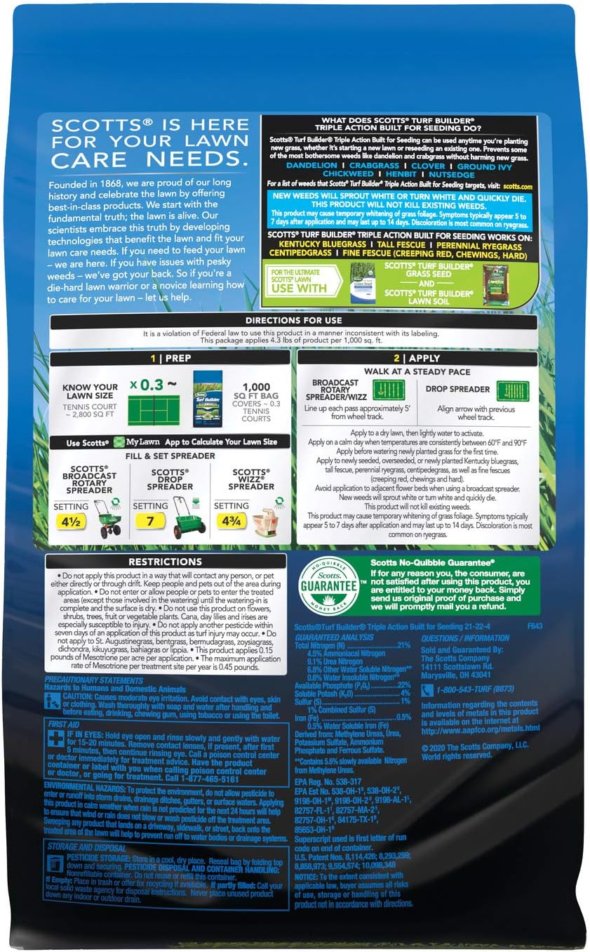 Scotts Turf Builder Triple Action Built for Seeding, 4.3 lbs. | Weed Preventer and Fertilizer for New Lawns, Covers