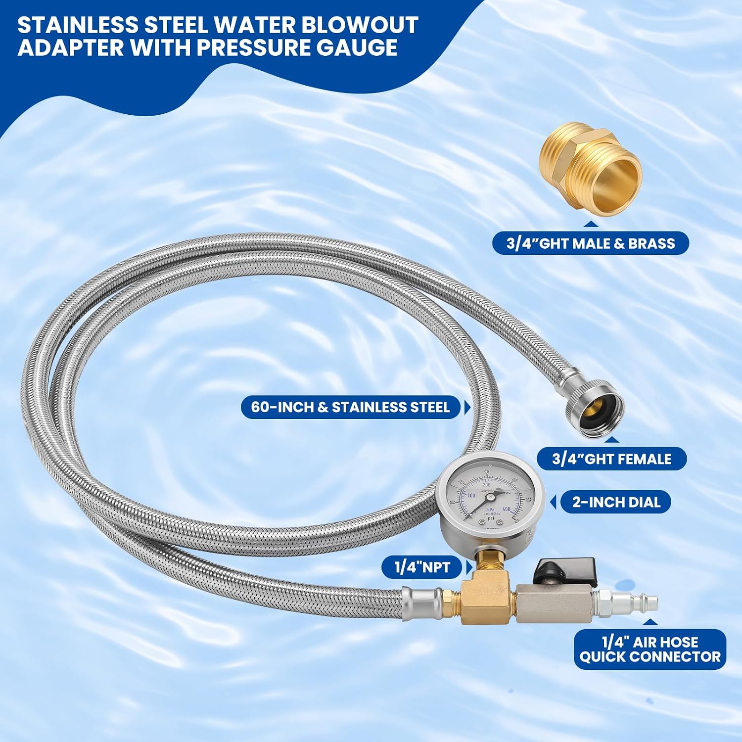 MEASUREMAN Garden Hose Blowout Kit, 0–60 PSI Pressure Gauge,60-Inch Stainless Steel Braided Hose, 3/4 Inch GHT, 1/4