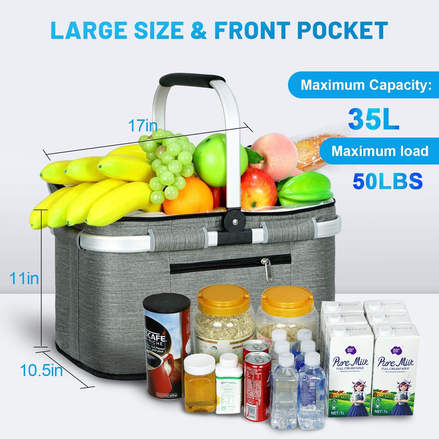 LIQING 35L Large Picnic Basket 2 Layers of Internal Pockets Leak-Proof and Insulated ，Folding with Internal Support for