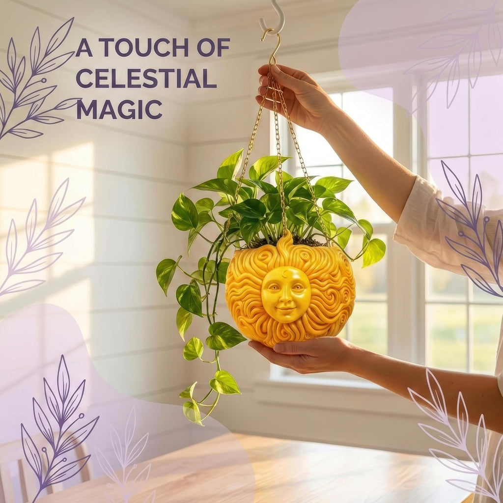 Fun & Unique Sun Face Hanging Planter Quirky Celestial Decor for Plant Lovers – Indoor Outdoor Flower Basket for