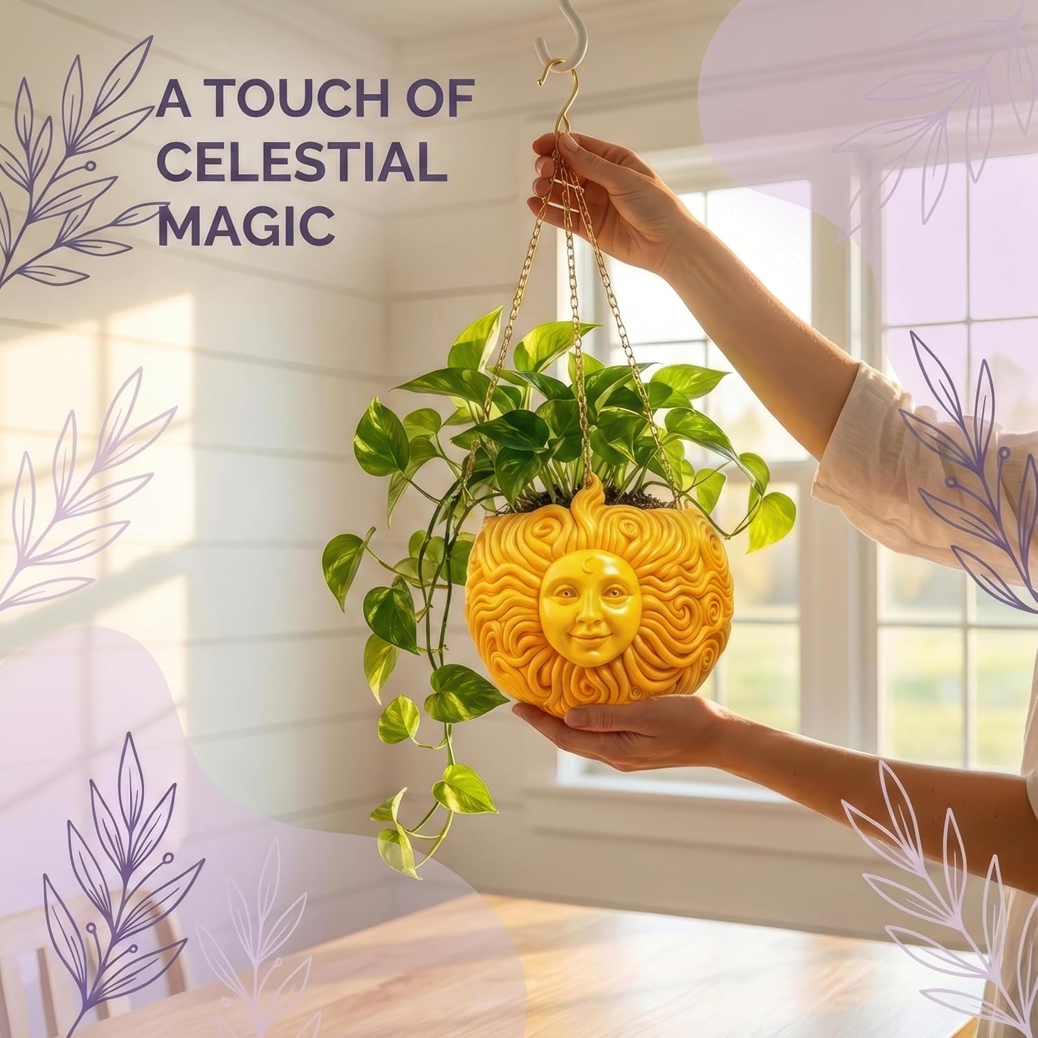 Fun & Unique Sun Face Hanging Planter Quirky Celestial Decor for Plant Lovers – Indoor Outdoor Flower Basket for