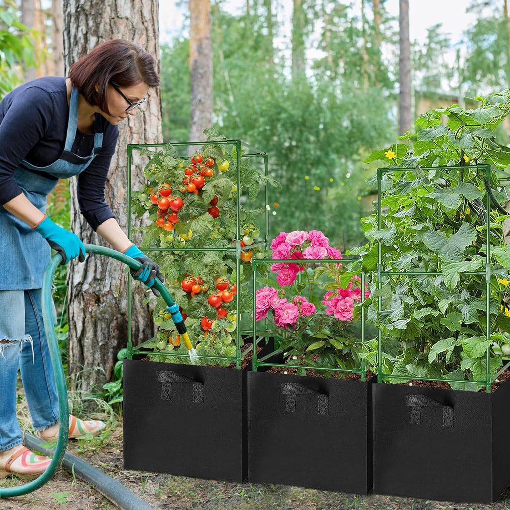 ANPHSIN Sturdy Square Tomato Cage with Movable 17 Gal Grow Bags, 3 Sets | 46'' Plants Garden Trellis Planter, Support