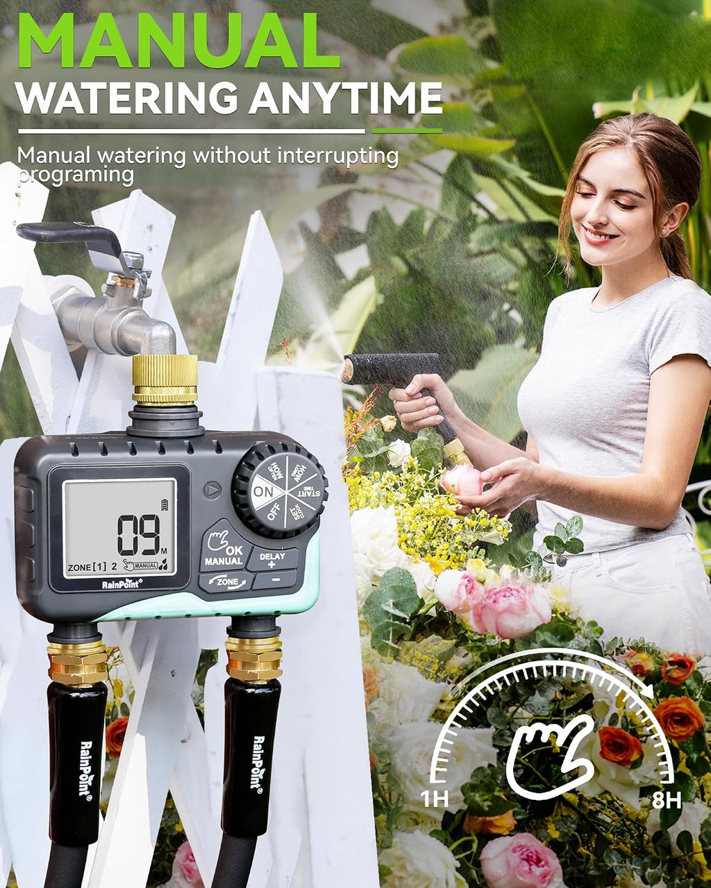 RAINPOINT 2 Zone Sprinkler Timer with Brass Inlet and Outlet - Water Timer for Garden Hose with Rain Delay/Manual