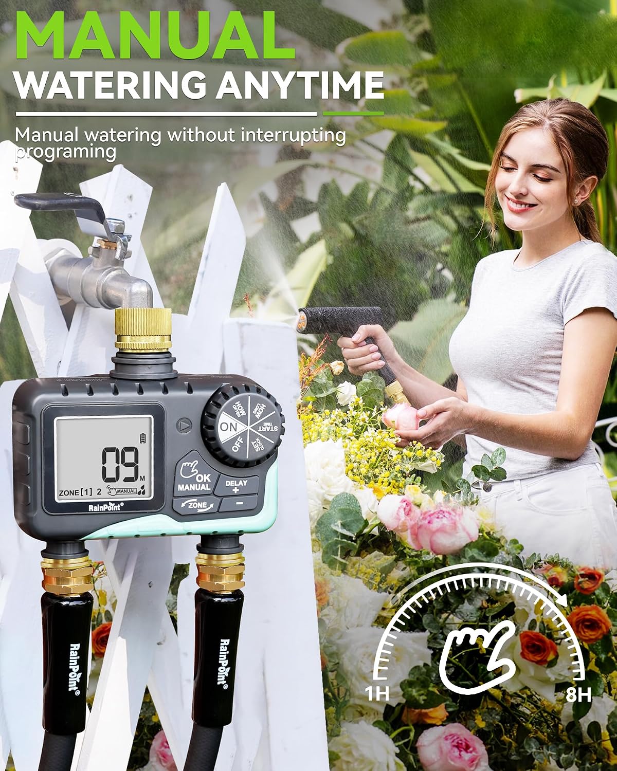 RAINPOINT 2 Zone Sprinkler Timer with Brass Inlet and Outlet - Water Timer for Garden Hose with Rain Delay/Manual