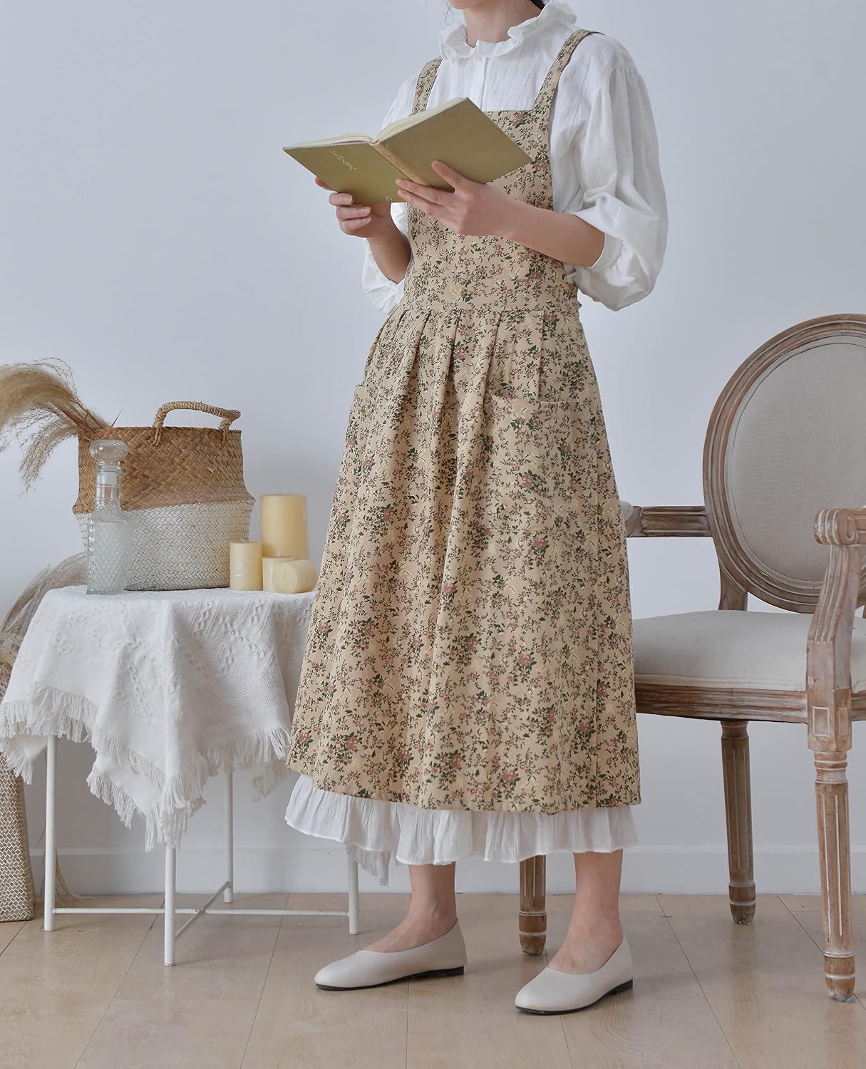 Japanese Cotton Linen Cross Back Apron with Pockets,Fashion Pinafore Dress for Gardening Painting Cleaning Cooking