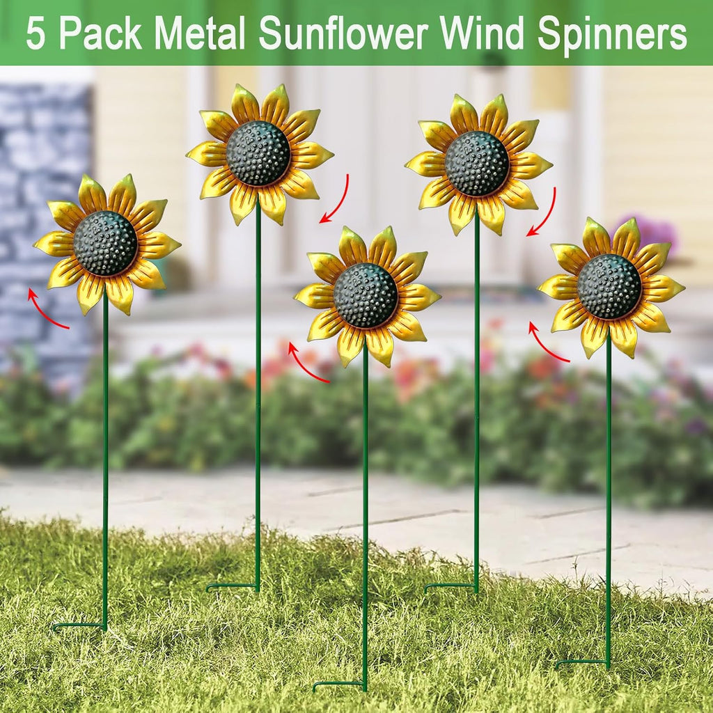 Metal Sunflower Wind Spinners,5 Pack Flower Outdoor Yard Garden Stakes | Metal Wind Spinner for Yard Stake,Patio,Lawn