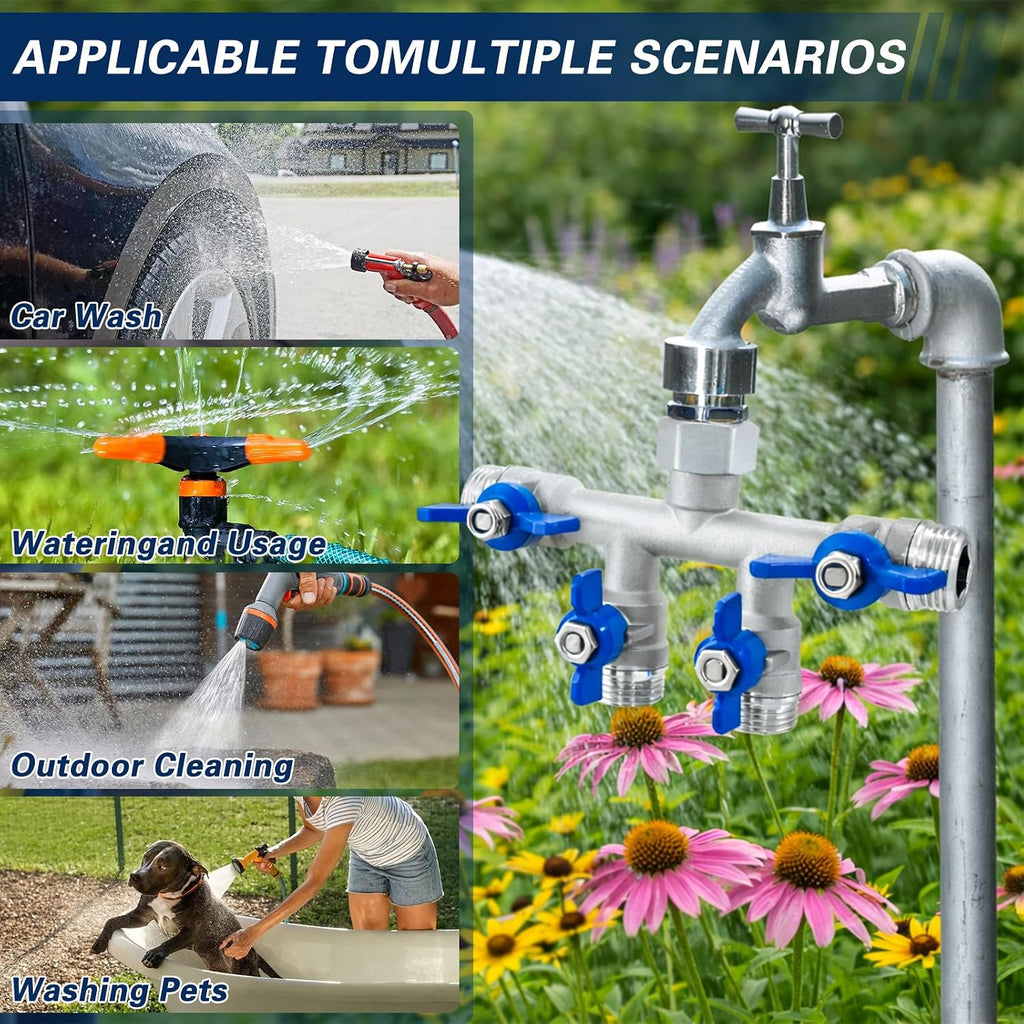4 Way Garden Hose Splitter, 304 Stainless Steel Hose Splitter with 4 Shut-Off Valves, Heavy Duty Outdoor Faucet