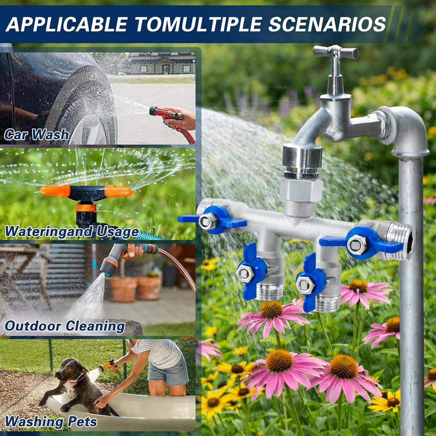 4 Way Garden Hose Splitter, 304 Stainless Steel Hose Splitter with 4 Shut-Off Valves, Heavy Duty Outdoor Faucet
