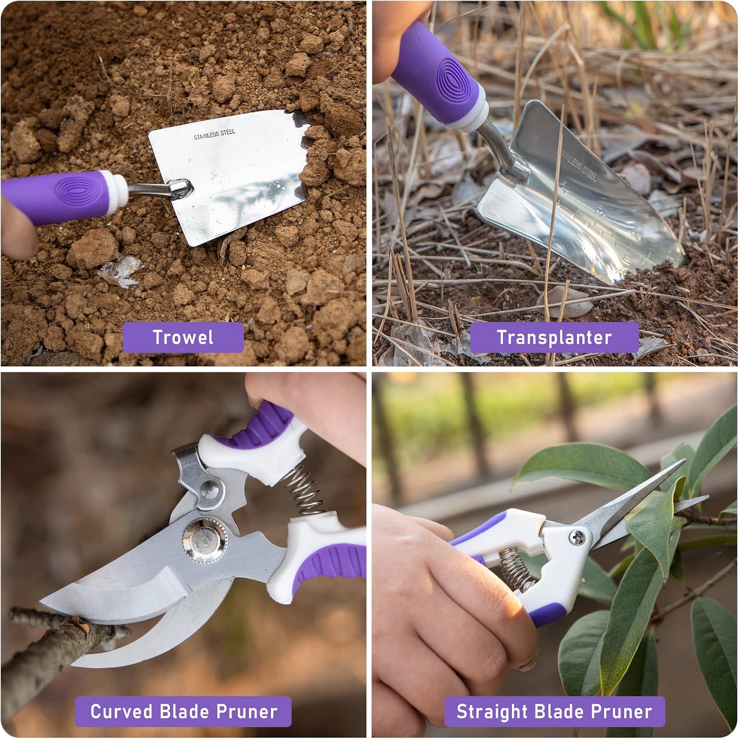 Purple Garden Tool Set Gardening Items for Women - 11PCS Heavy Duty Garden Tools with Detachable Storage Bag, Weeder
