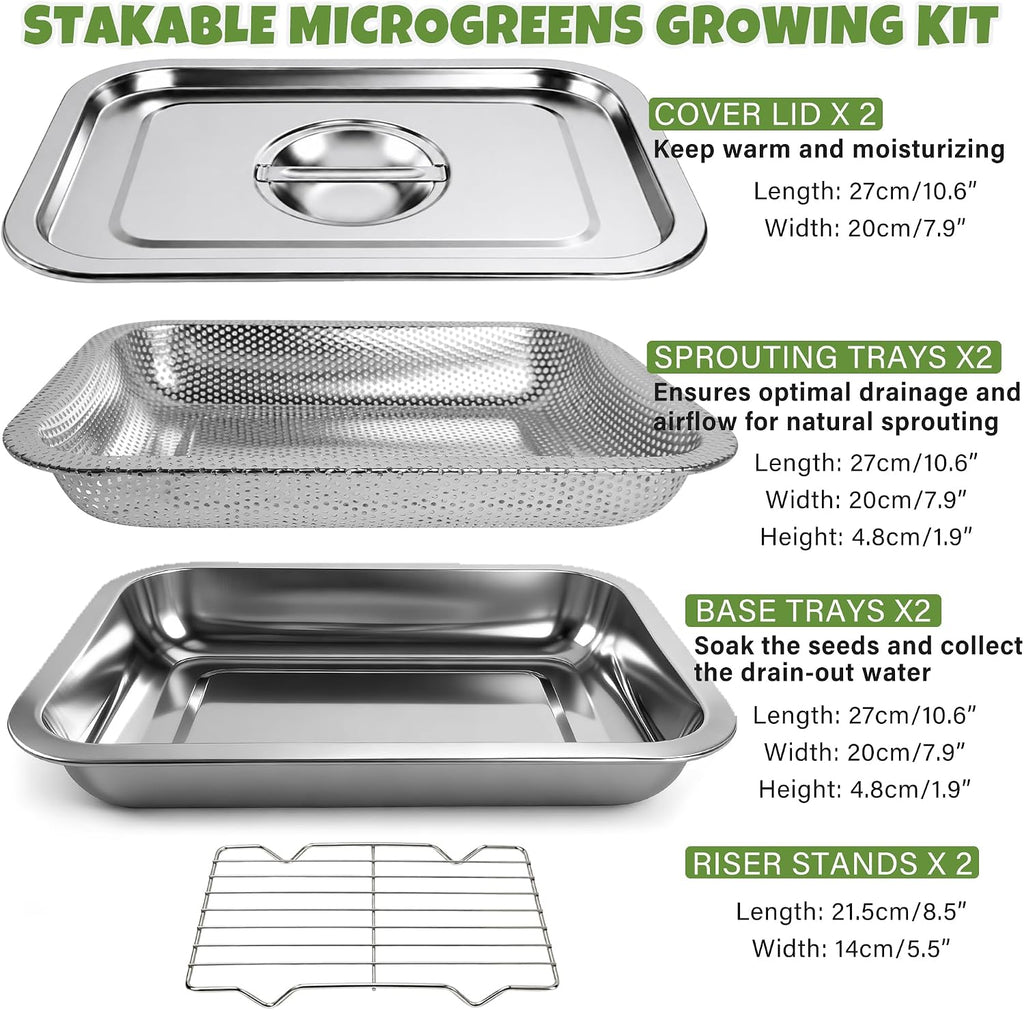 2 Pack Stainless Steel Seed Sprouter Trays, 2-Tier Soil-Free Microgreens Growing Kit, Sprouting Tray with Cover Lids &