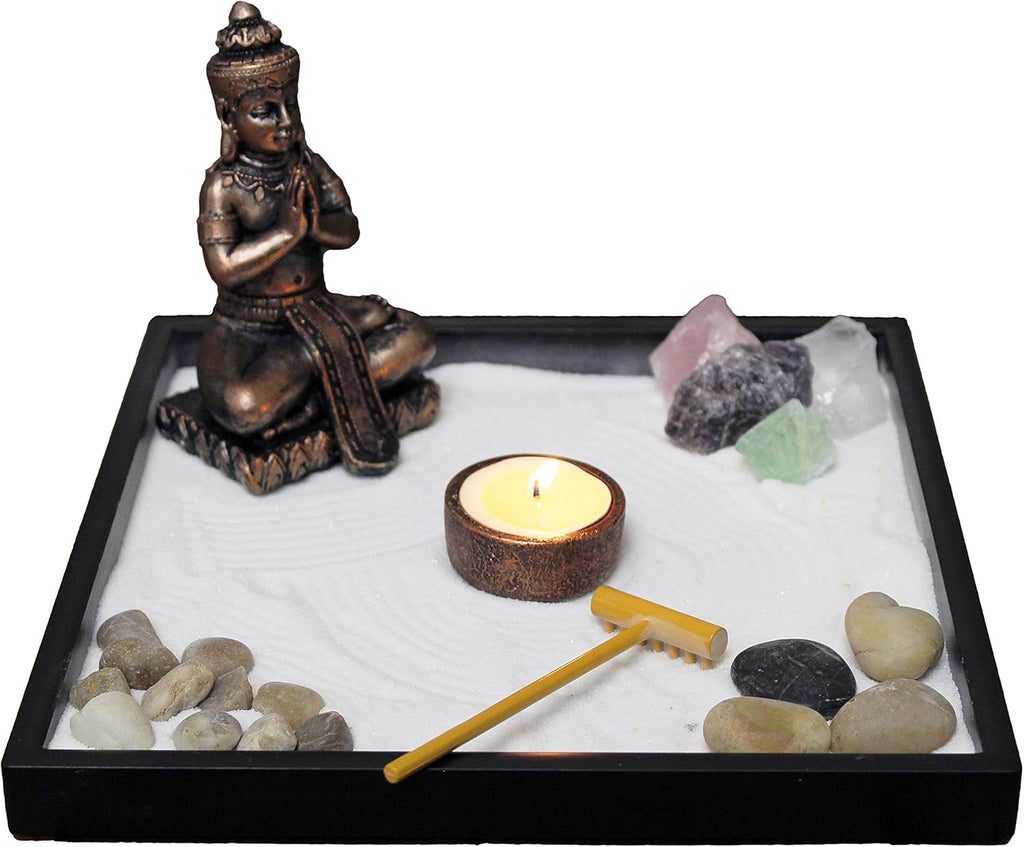 Nature's Mark Mini Zen Garden Kit for Desk with Rake, White Sand, Buddha Figures, Tea-Light Holder Black Square Base