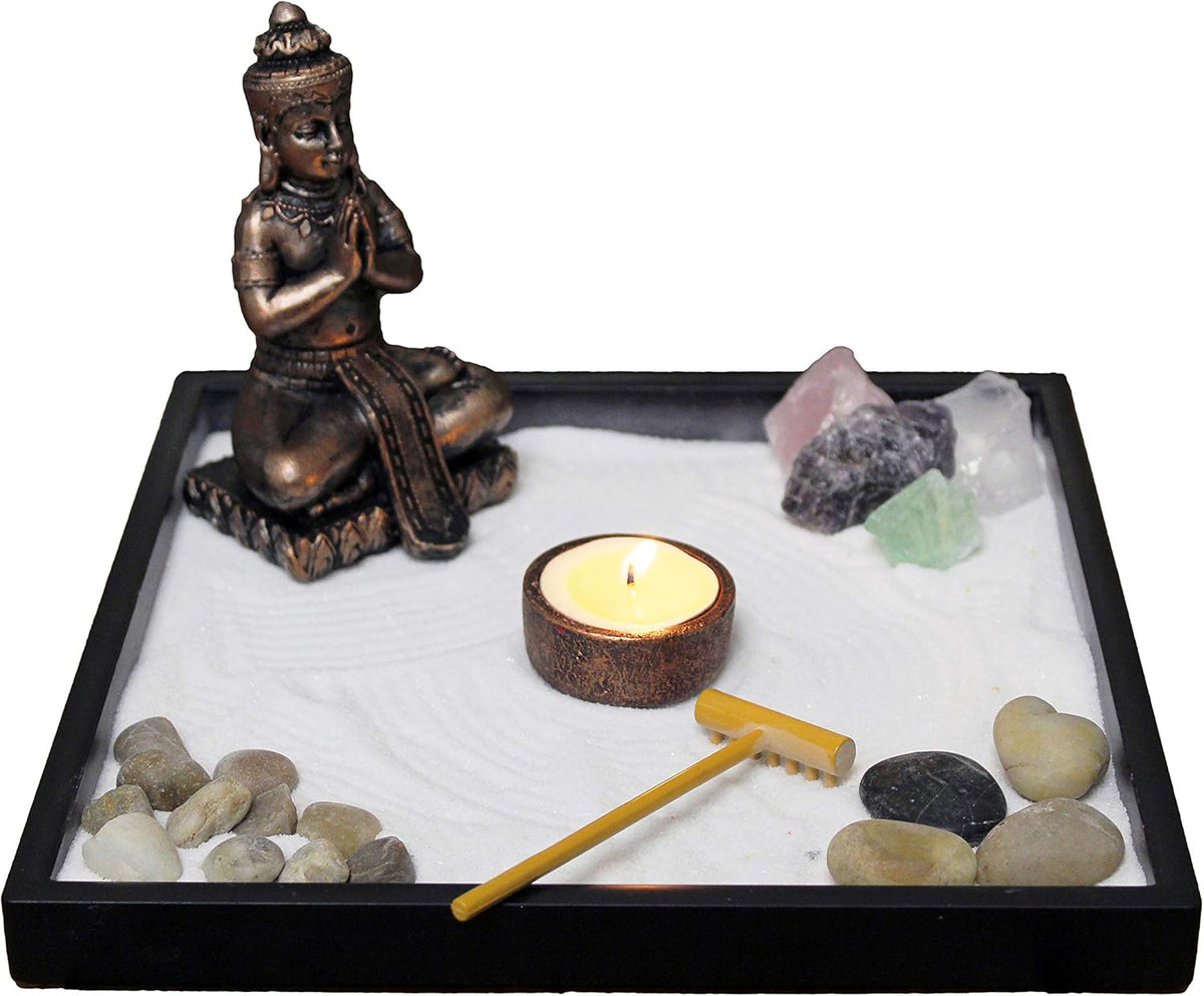 Nature's Mark Mini Zen Garden Kit for Desk with Rake, White Sand, Buddha Figures, Tea-Light Holder Black Square Base