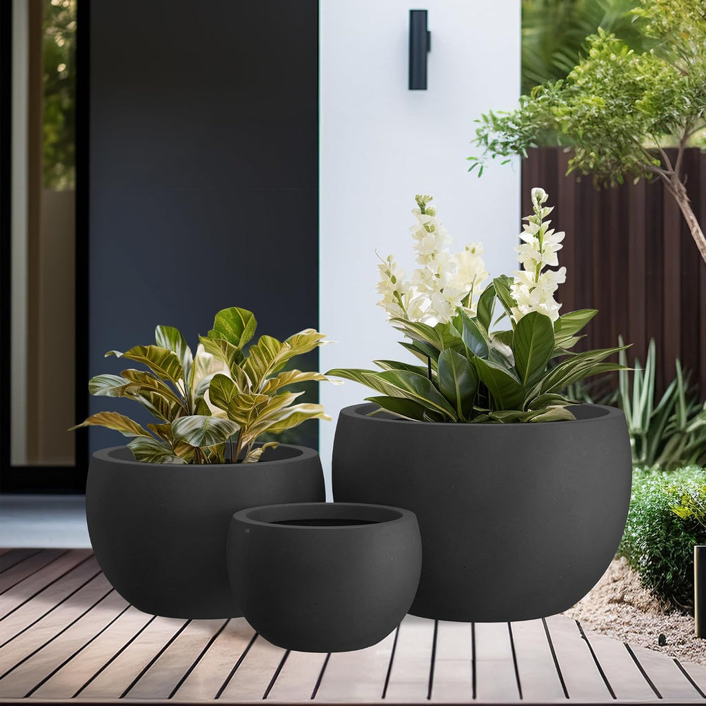 Kante Set of 3 Black Concrete Bowl Planters 20" 15.7" 11.8" Dia | Drainage for Outdoor, Rubber Plug for Indoor Home