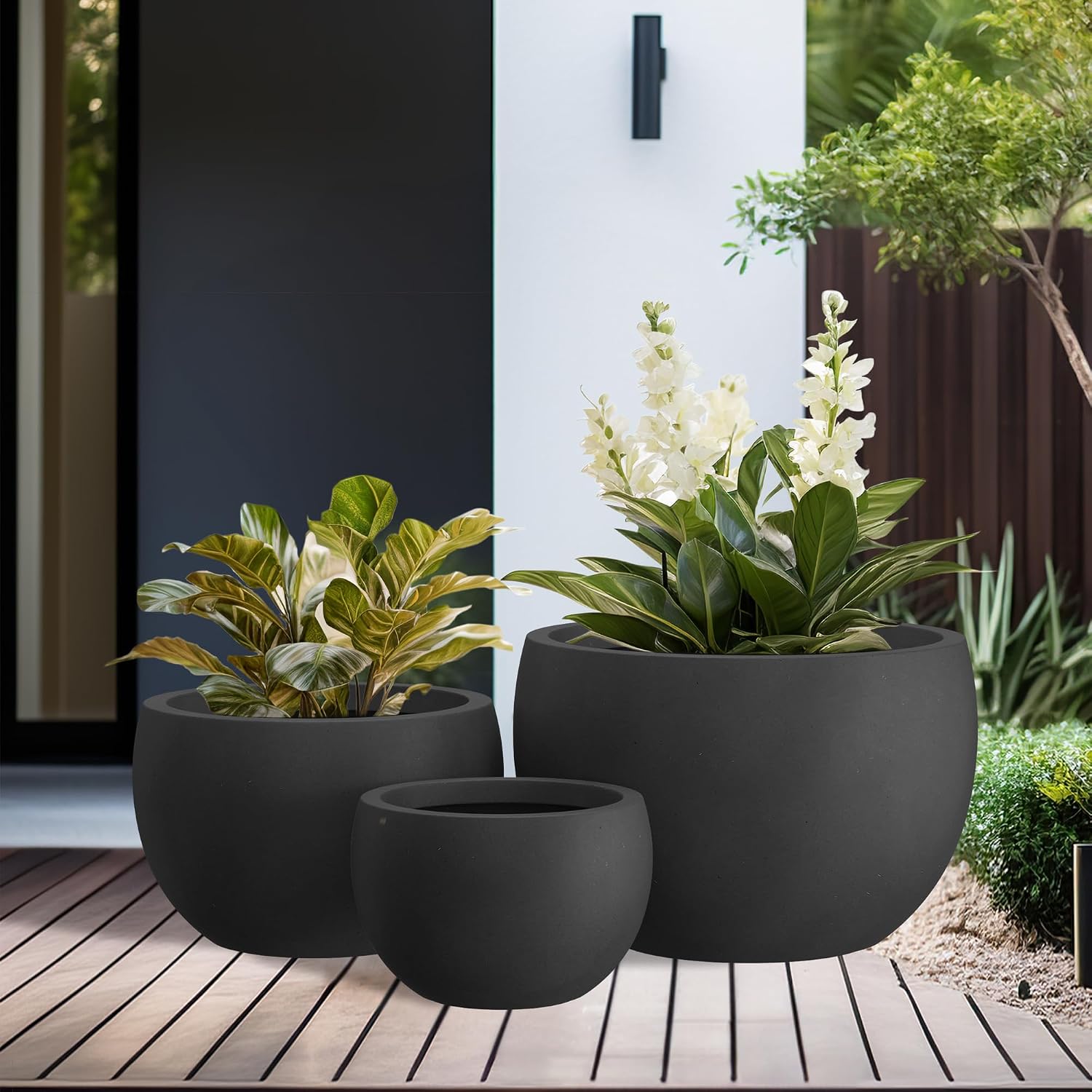 Kante Set of 3 Black Concrete Bowl Planters 20" 15.7" 11.8" Dia | Drainage for Outdoor, Rubber Plug for Indoor Home