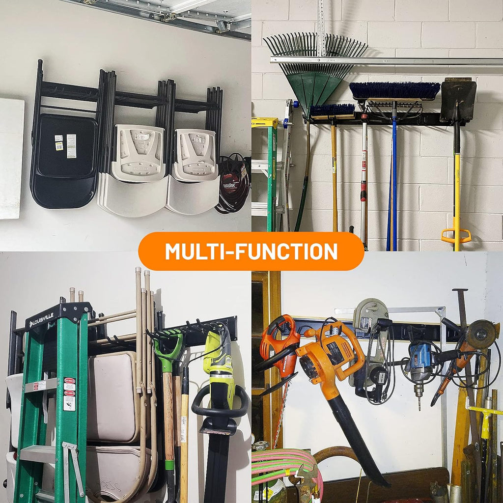 Wallmaster Garage Storage Organization Wall Mount, Garden Tool Rack Organizer Heavy Duty Folding Chair Hangers with 6