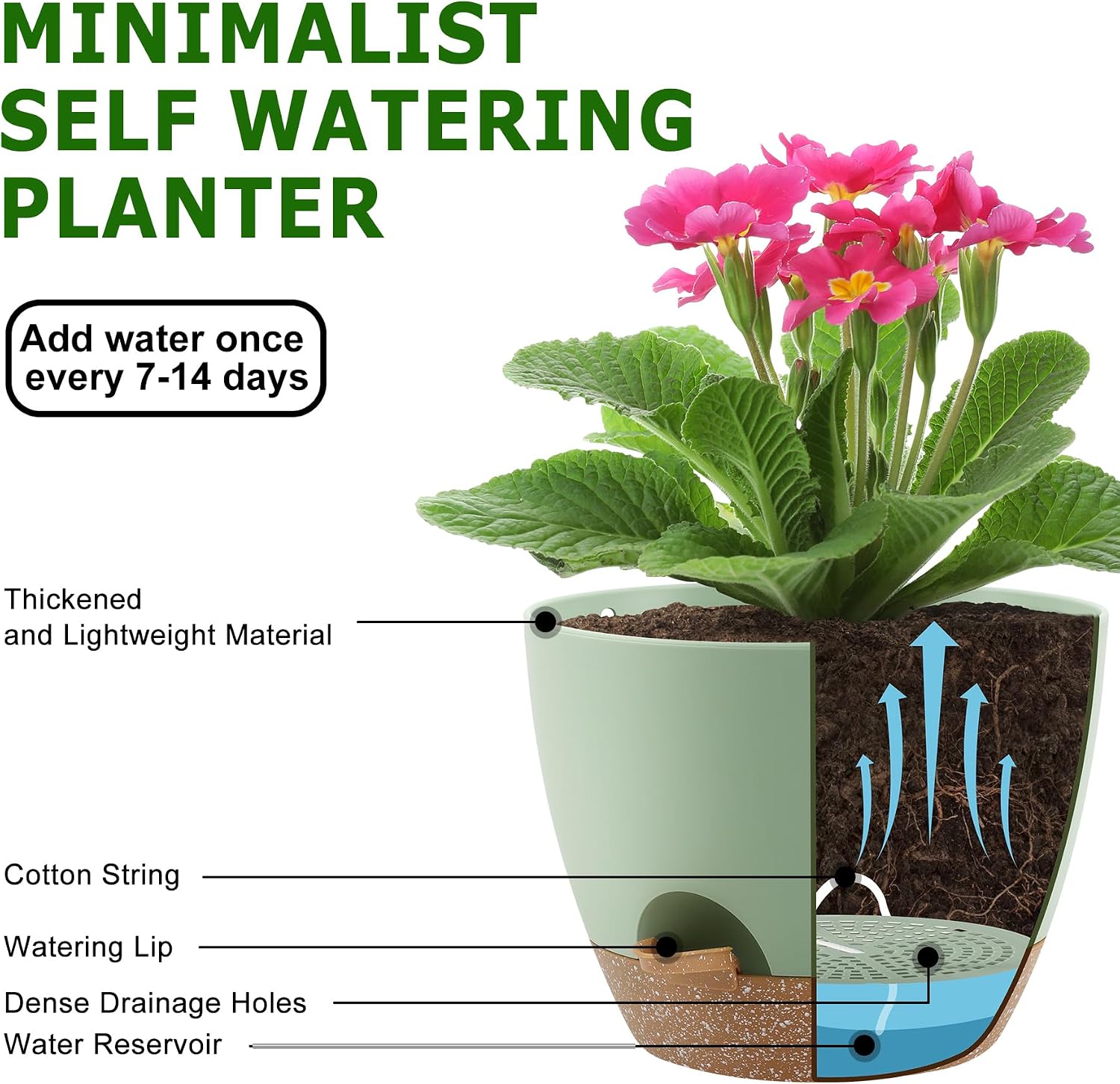 QRRICA Plant Pots 10/9/8/7.5/7 Inch Self Watering Pots, Set of 5 Plastic Planters with Drainage Holes and