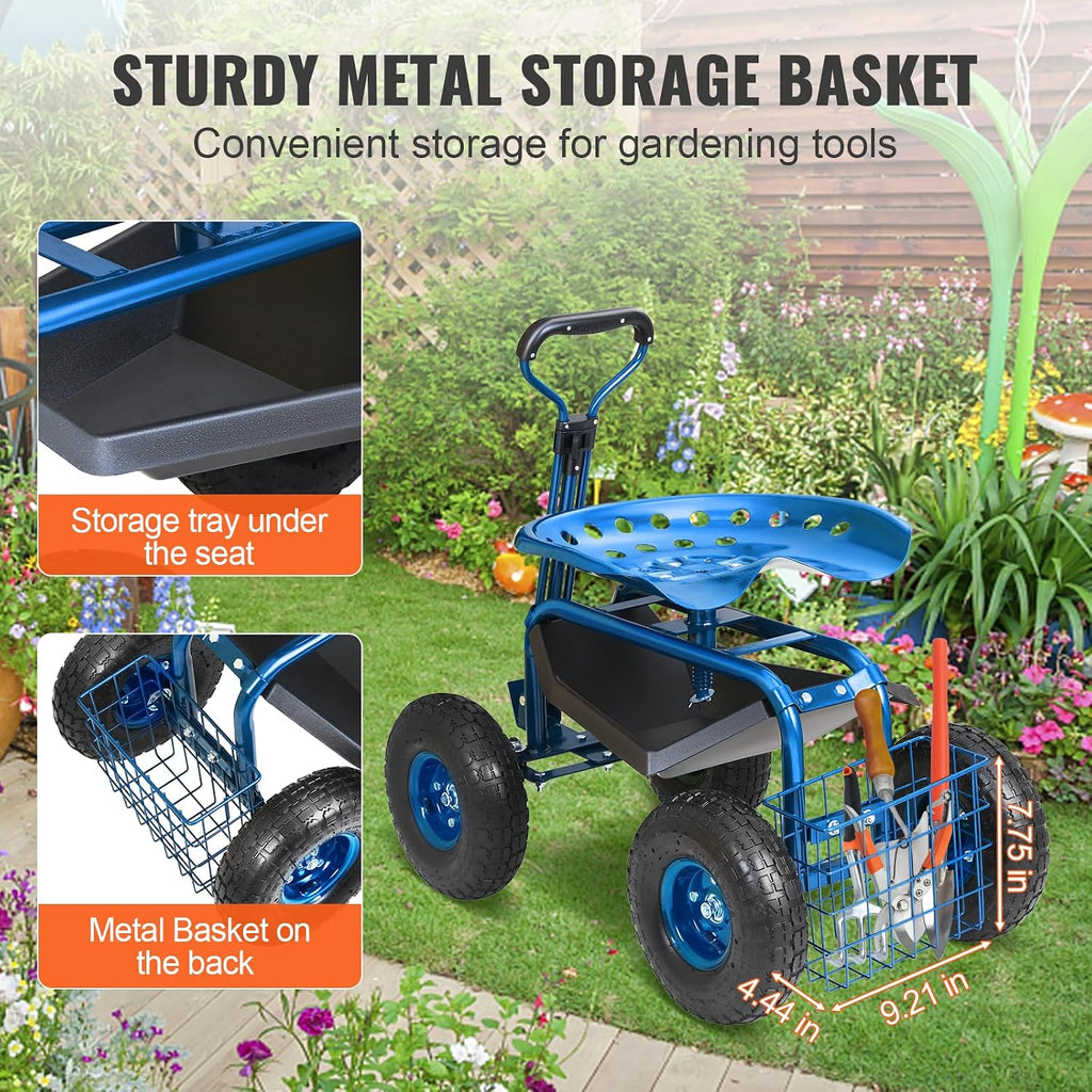 VEVOR Garden Cart Rolling Workseat with Wheels, Gardening Stool for Planting, 360 Degree Swivel Seat, Wagon Scooter