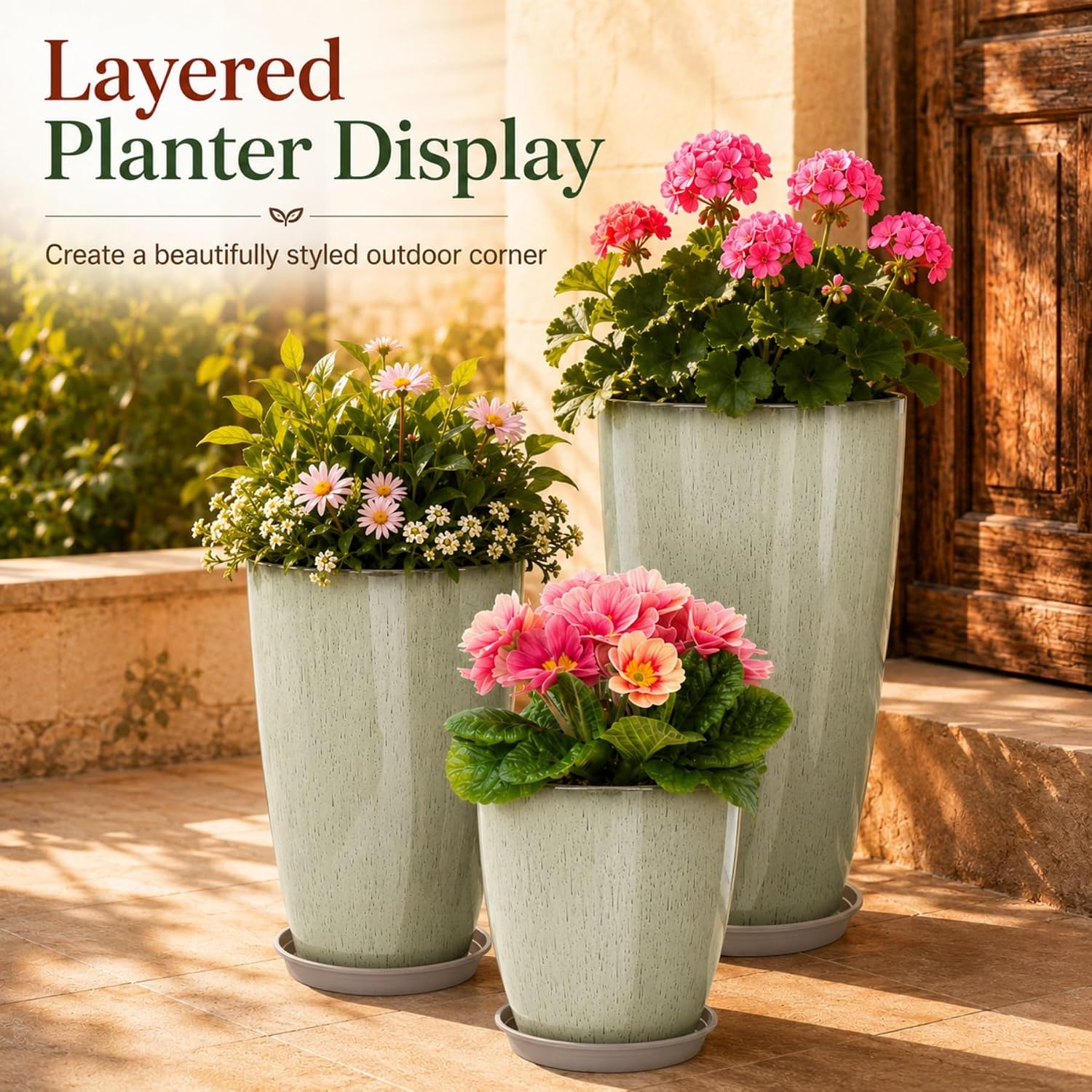 Neoaider Set of 3 Tall Planter, 24/21/12in Large Plastic Planter, DripGlaze | Ceramic-Look, Lightweight, Built-in Drain