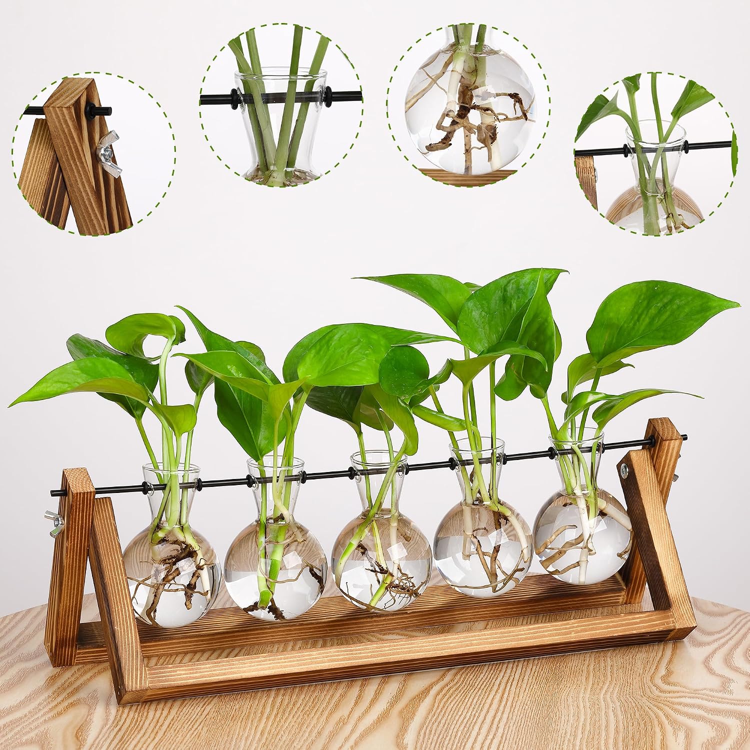YIBOT Plant Propagation Stations with Wooden Stand & 5 Glass Bulb Vases | Tabletop Plant Terrarium for Propagating