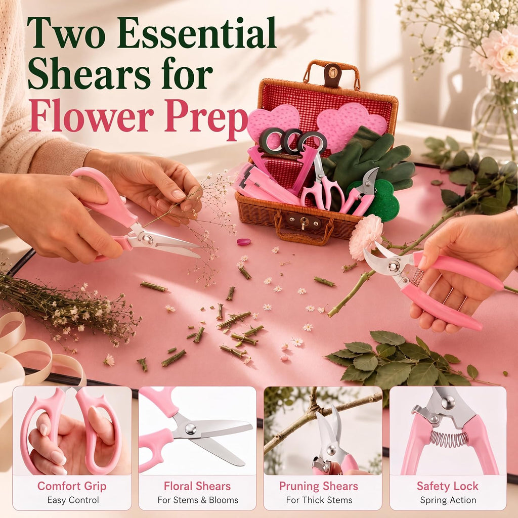 Florist Supplies Kit with Repotting Mat&Wicker Basket, Floral Tools | 13-Piece Floral Arrangement Kit with Repotting
