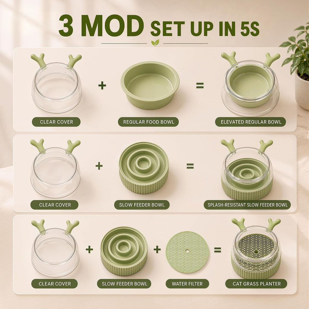 3-in-1 Slow Feeder Bowl, Cat Grass Growing Kit & Elevated Cat Food Bowl, | with Clear Germination Dome Splash Guard, 6