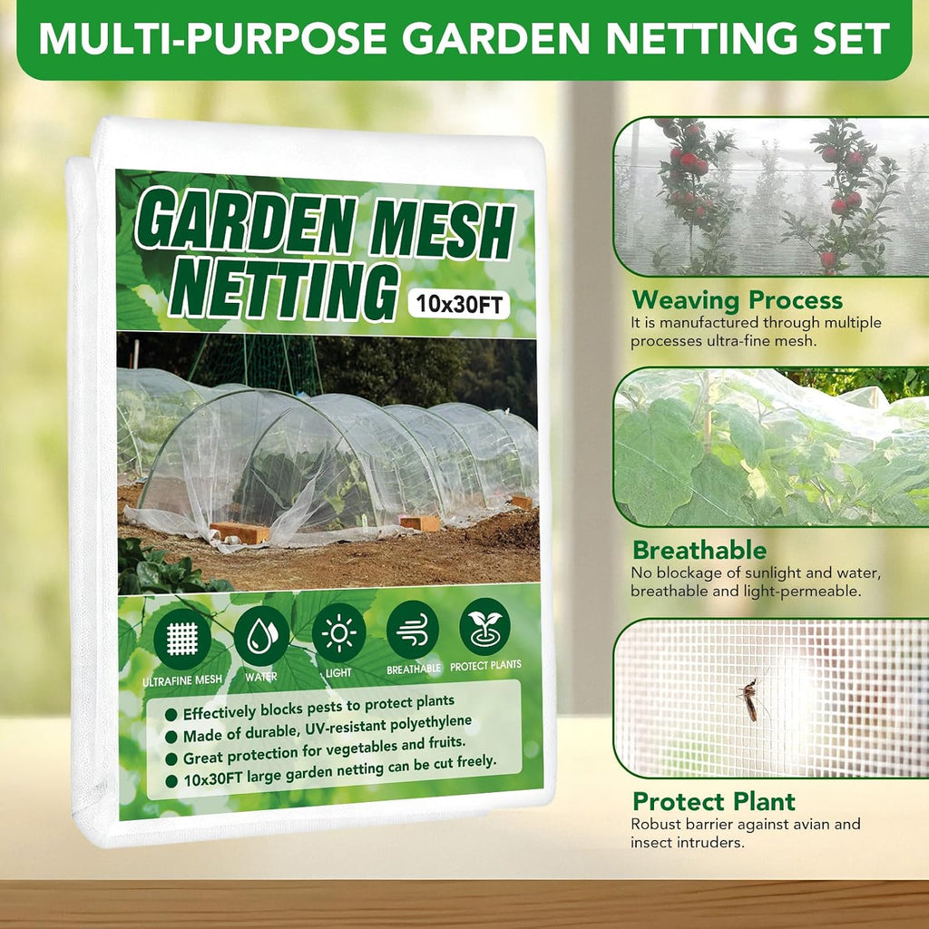Garden Netting Kit for Raised Beds, 10x30FT Ultra Fine Mesh Netting ＆6 Sets Fiberglass Garden Hoops, Insect Netting for