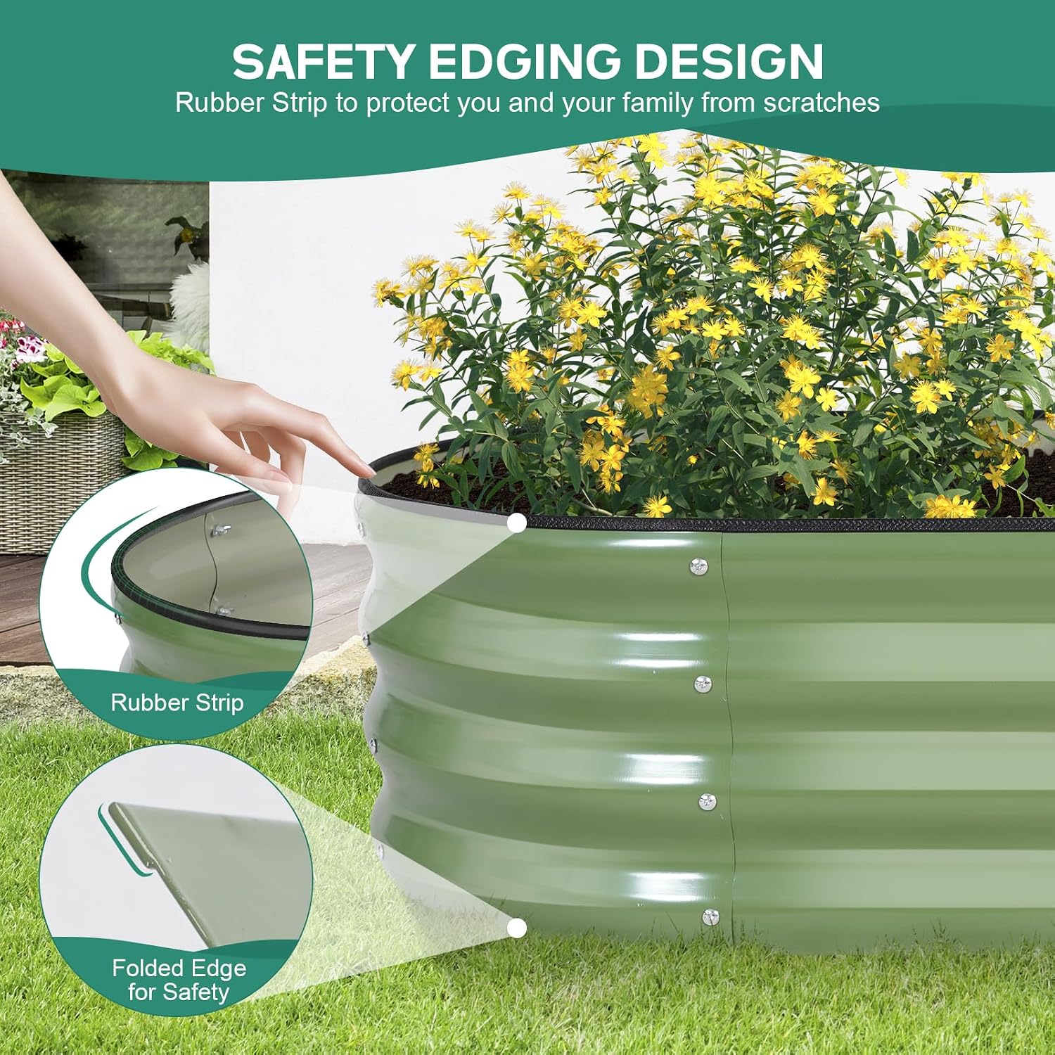 Galvanized Raised Garden Bed Outdoor, 4x2x1ft, Olive Green | Outdoor Oval Metal Garden Planter Box, Bottomless, Safety