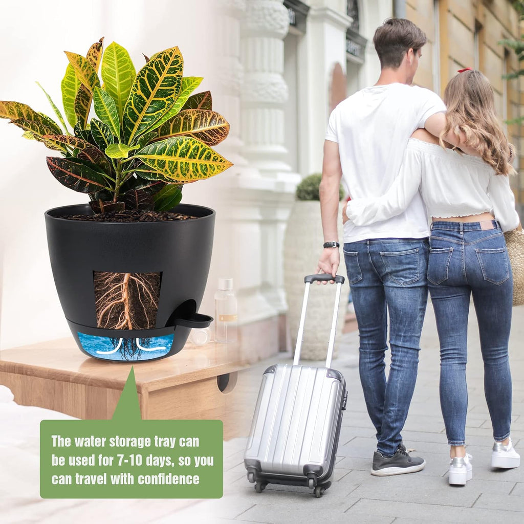 UOUZ Large Self Watering Pots, 12/10/9 Plastic Planters with High Drainage Holes and Deep Reservoir for Indoor Outdoor