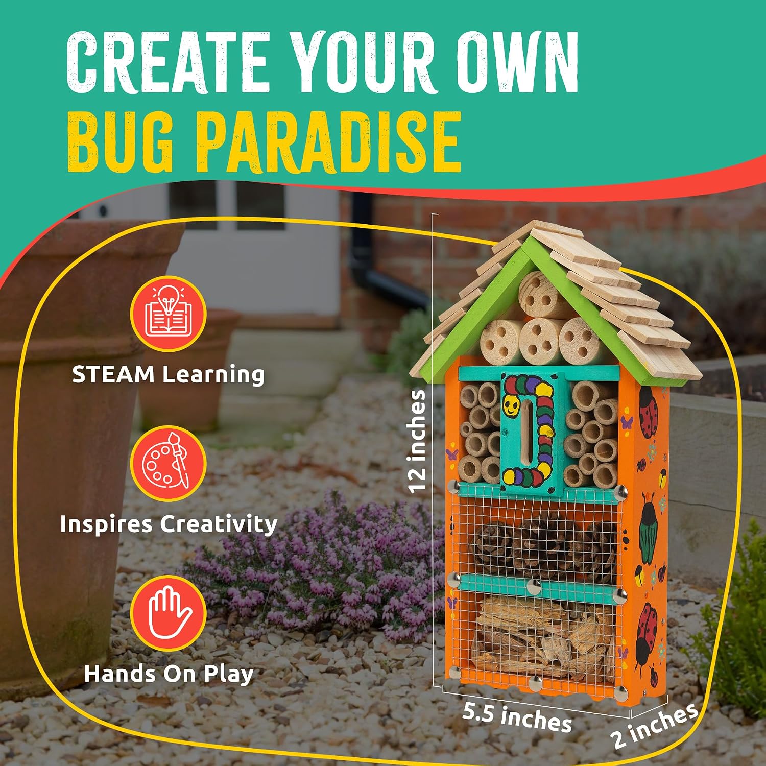 Premium Bug Hotel Kit for Kids, Easy Wood Bug House Kits | Bug House for Kids with Tools, Paints & Glue, Insect Hotel