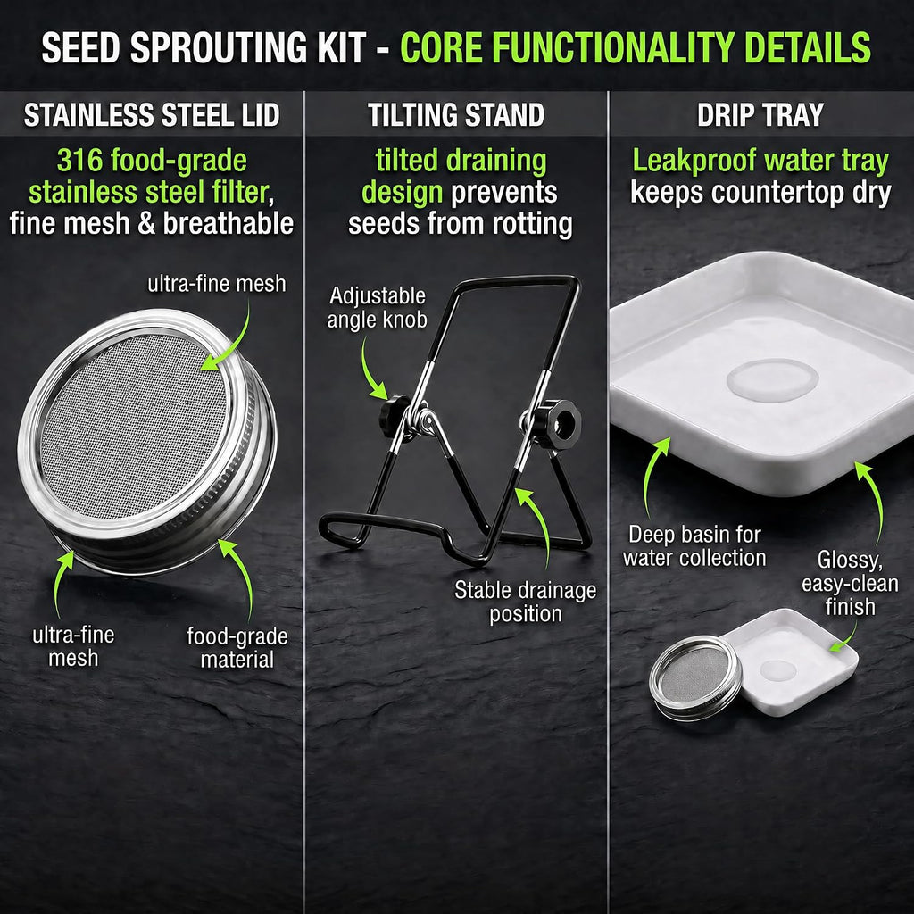 4 Large 1000ML Wide Mouth Mason Jar Sprouting Kit, with Stainless Steel Stand, Drain Tray & Cleaning Brush, High