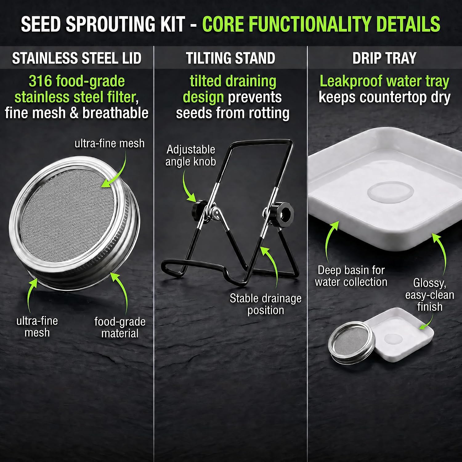 4 Large 1000ML Wide Mouth Mason Jar Sprouting Kit, with Stainless Steel Stand, Drain Tray & Cleaning Brush, High