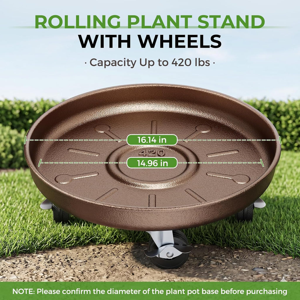 Plant Caddy With Wheels 16" Metal Plant Saucers for Indoors 420 Lb Capacity | Rolling Plant Stand, 360° Locking Casters