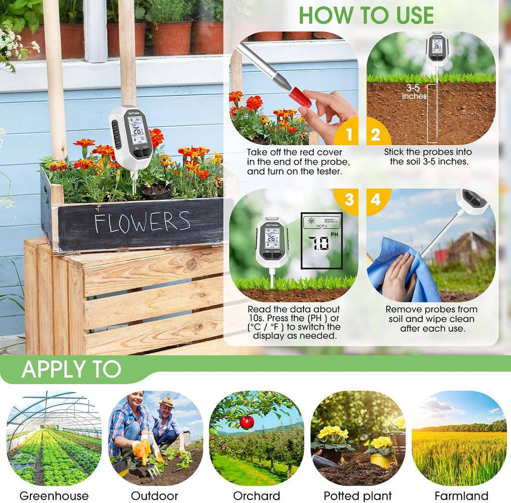 YAMRON 4-in-1 Soil Moisture Meter Digital Plant Temperature/Soil Moisture/pH Meter/Sunlight Intensity Backlight LCD