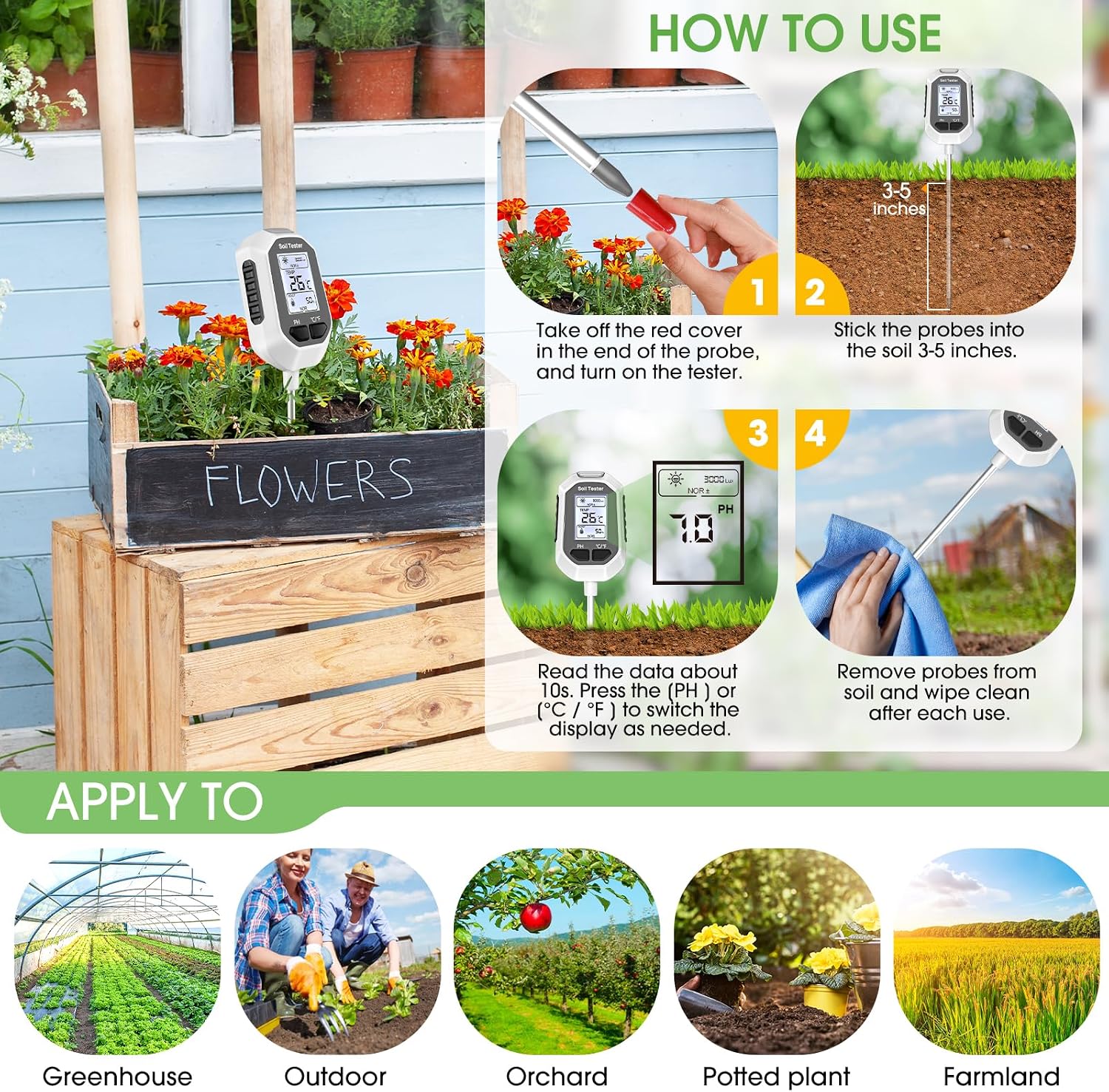 YAMRON 4-in-1 Soil Moisture Meter Digital Plant Temperature/Soil Moisture/pH Meter/Sunlight Intensity Backlight LCD