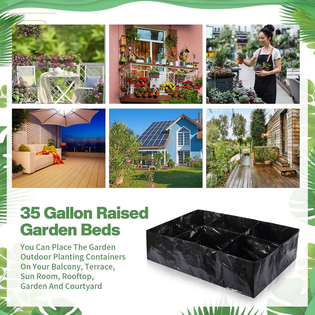 6 Pcs 35 Gallon Fabric Raised Garden Bed Breathable Planting Container Grow Bag with 6 Compartments Rectangle Large