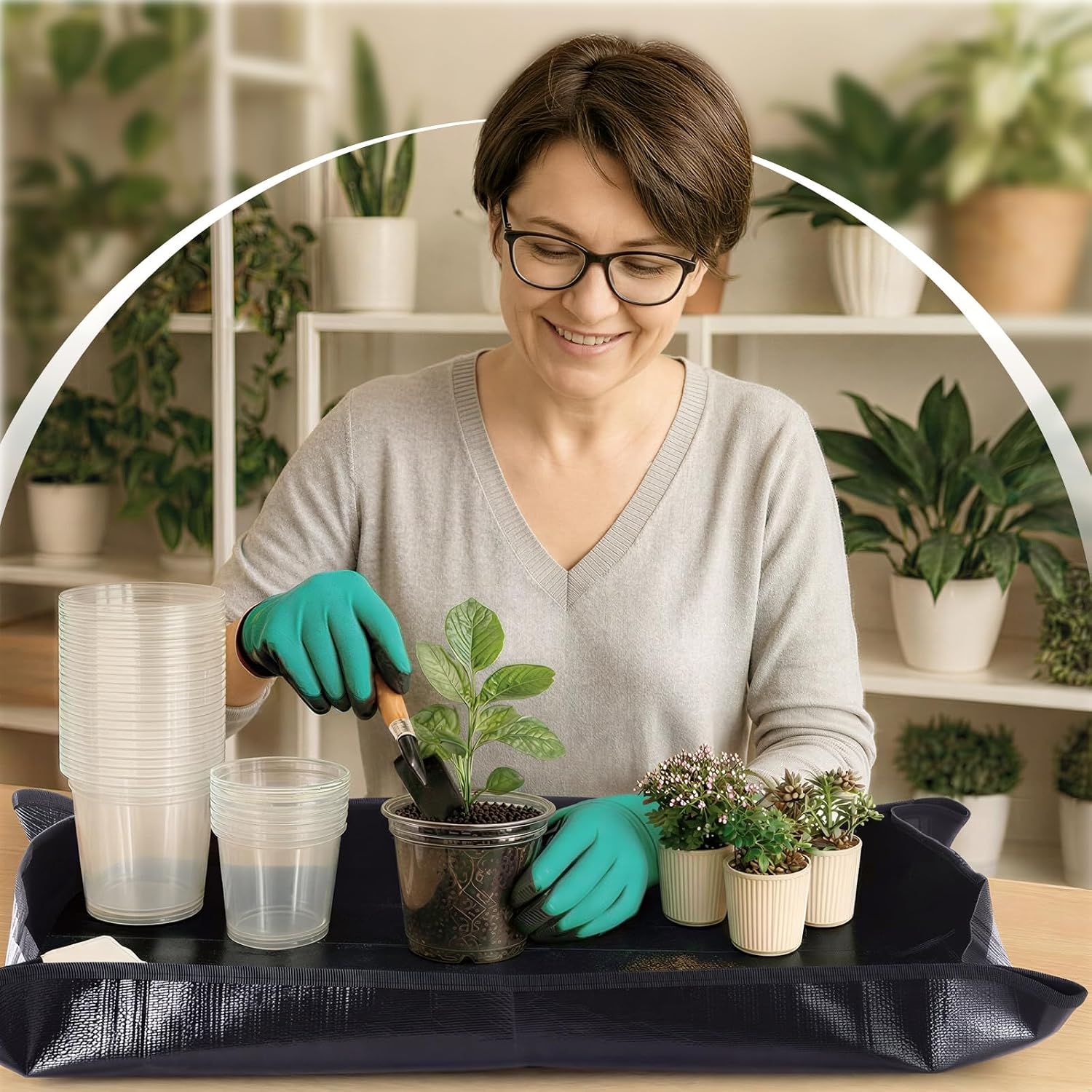 83 Pcs Garden Supplies Tools Kit, 5/6/7 Inch Clear Plastic Plant Pots with Transplanting Mat, Trowel Cultivator Rake