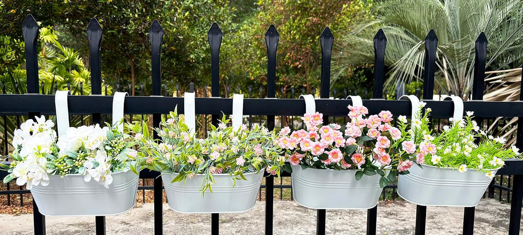 2 Pack 12" Metal Balcony Fence Railing Planters for Outdoor, Oval White | Detachable hooks, Drainage holes, Rustproof