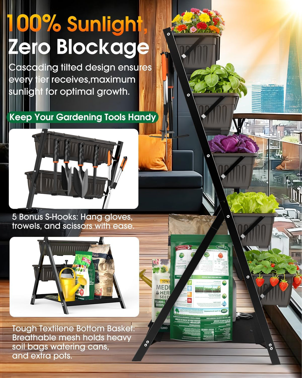 5-Tier Vertical Garden Bed Planter Boxes with Drainage System & Storage Space, Freestanding Vertical Garden Planter