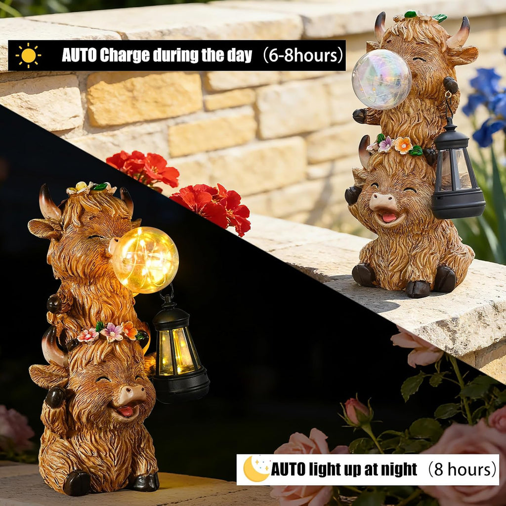 Outdoor Resin Highland Cow Garden Statue | Cute Cow Decoration with Glowing Lantern & Light-Up Bubble, Waterproof Yard