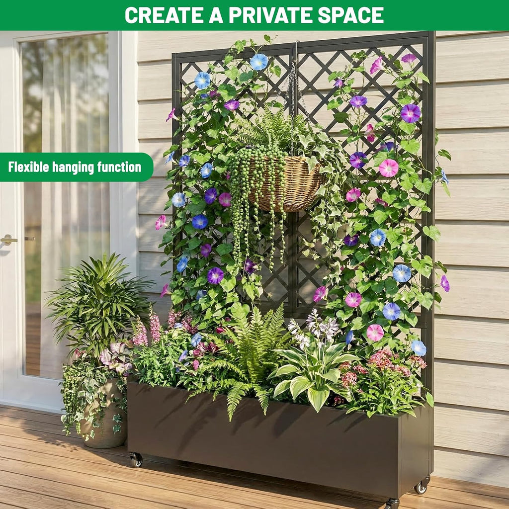 Planter Raised beds with Trellis，72" x 47" x 16",Black Grid,Privacy planters for Patio,Planter Box for Climbing Plants
