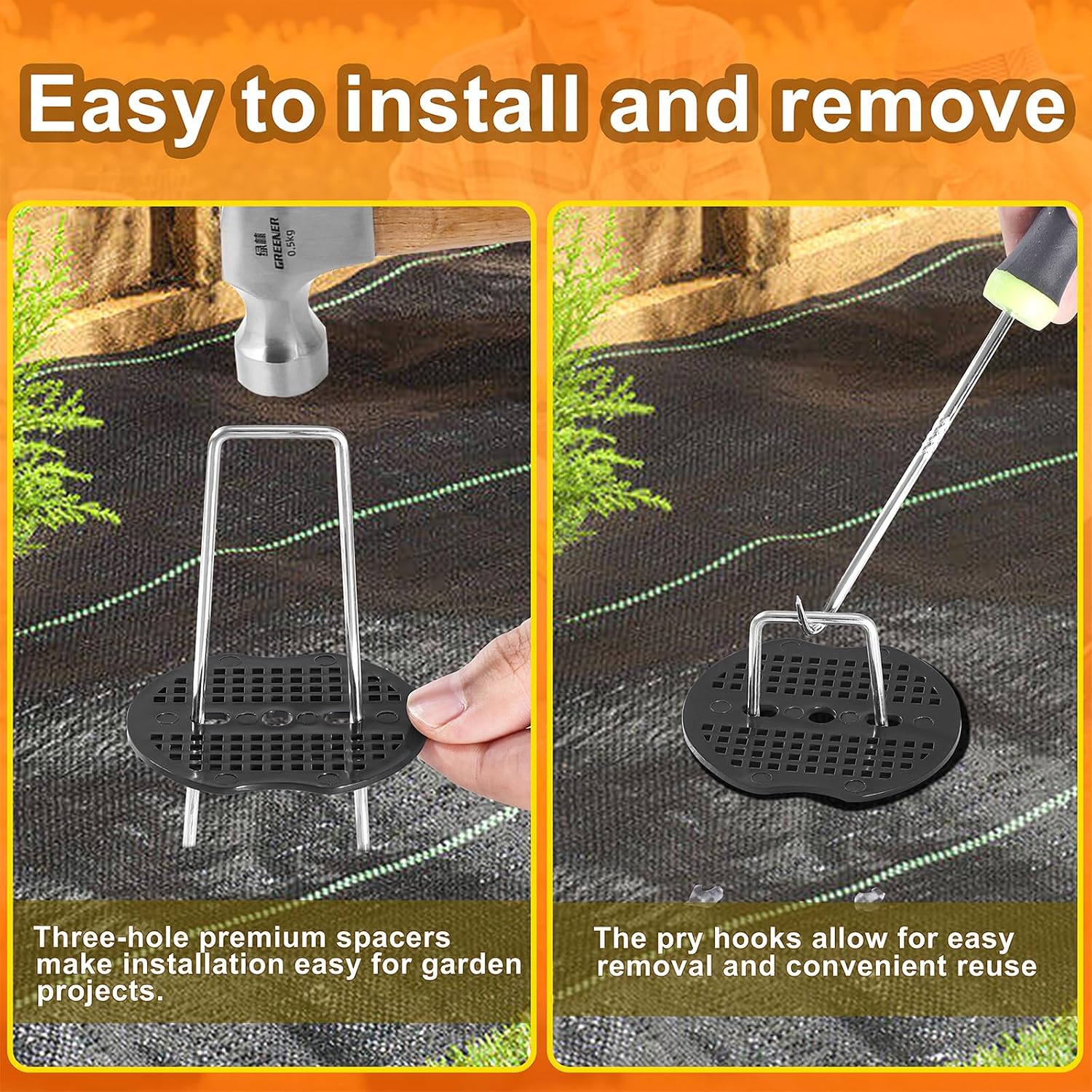 100 Pcs 6" 11 Gauge Landscape Staples with Gaskets & Remover Tool | Galvanized steel U-shaped garden stakes kit with