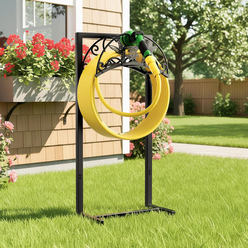 Garden Hose Holder - Upgraded Electrophoretic Coating Anti-Rust Graden Hose Storage Rack with Hummingbird Pattern Holds