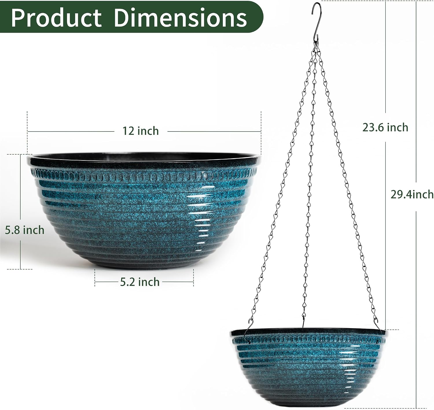 Vanslogreen 12 inch Hanging Planters for Indoor Outdoor Plants, 2 Pack Large Hanging Flower Pots with Drainage Holes