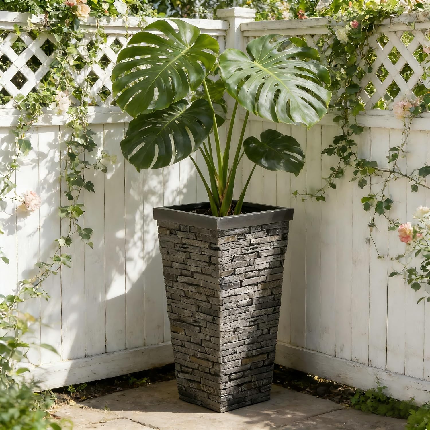 Christopher Knight Home Tall Square Planter Pot with Stone Effect Texture, MGO Outdoor Indoor Planter with Drainage