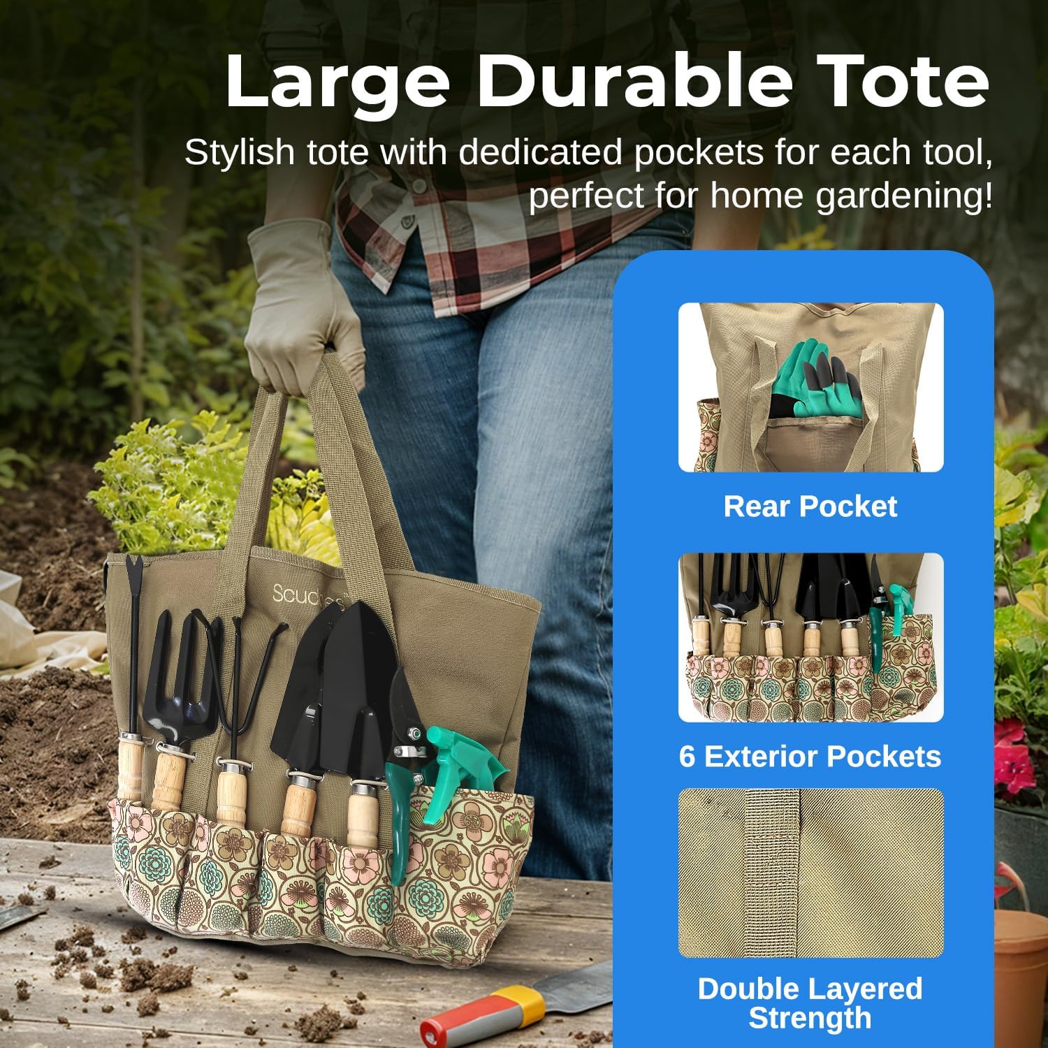 Scuddles 8-Piece Garden Tool Set with Bag | Includes Stainless Steel Tools, Wooden Handles and Cotton Gloves for